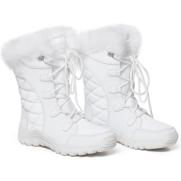 Womens White Quilted Faux Fur Cuff Winter Duck Boots with Rubber Sole - Picture 4 of 4